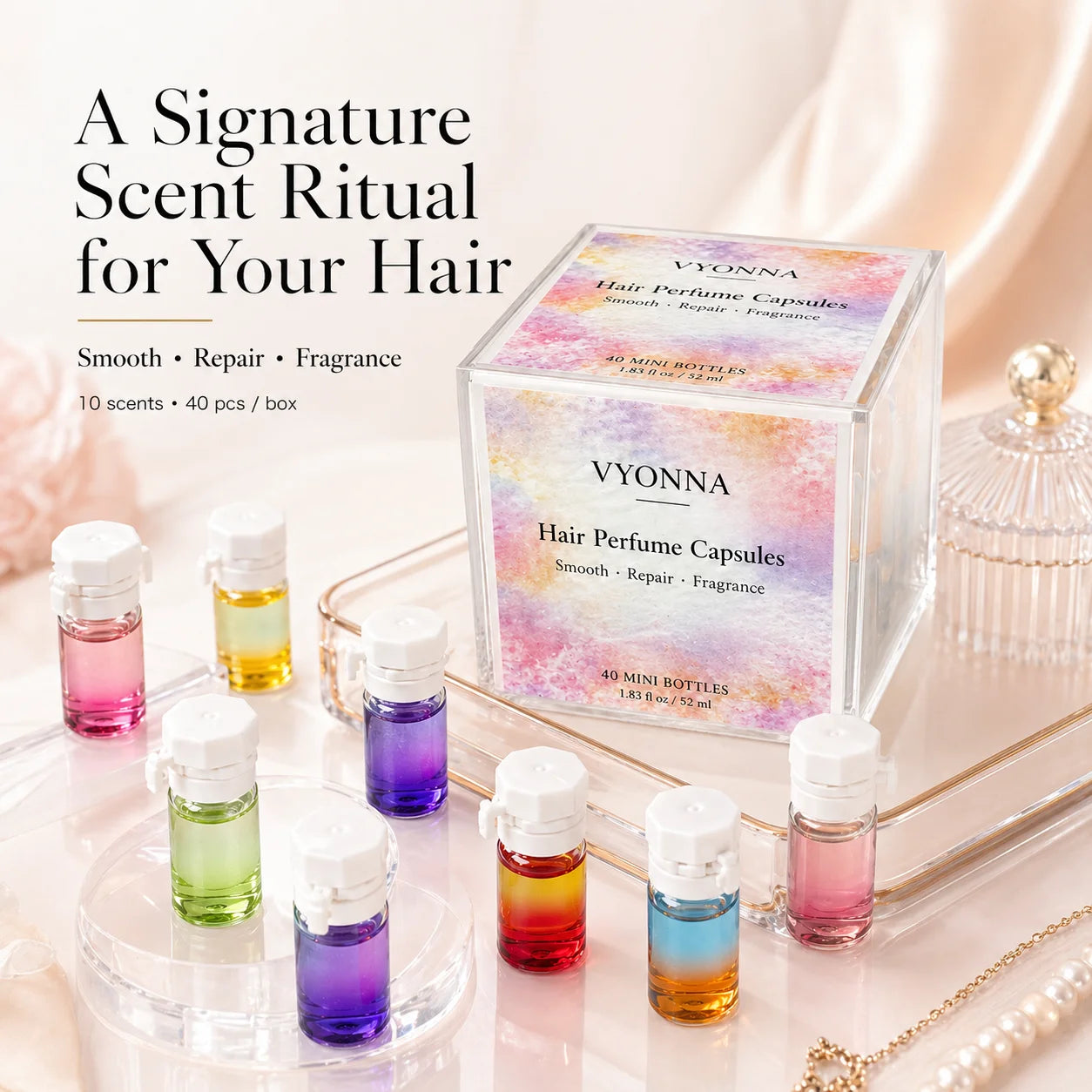 Hair Perfume Oil,40 Mini Bottles Capsules with 10 Scents,2-in-1 Leave-In Hair Serum,for Frizzy,Dry & Damaged Hair Long-Lasting