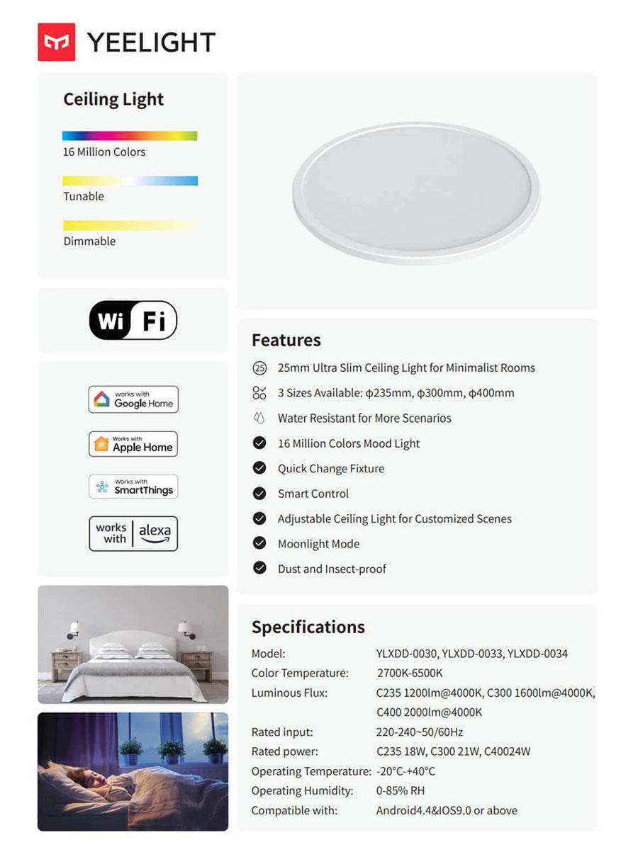 (Global Version) YEELIGHT Smart LED Ceiling Light RGB Slim Wifi Connection 2700-6500K Dimmable Smart Voice Control For Mi Home
