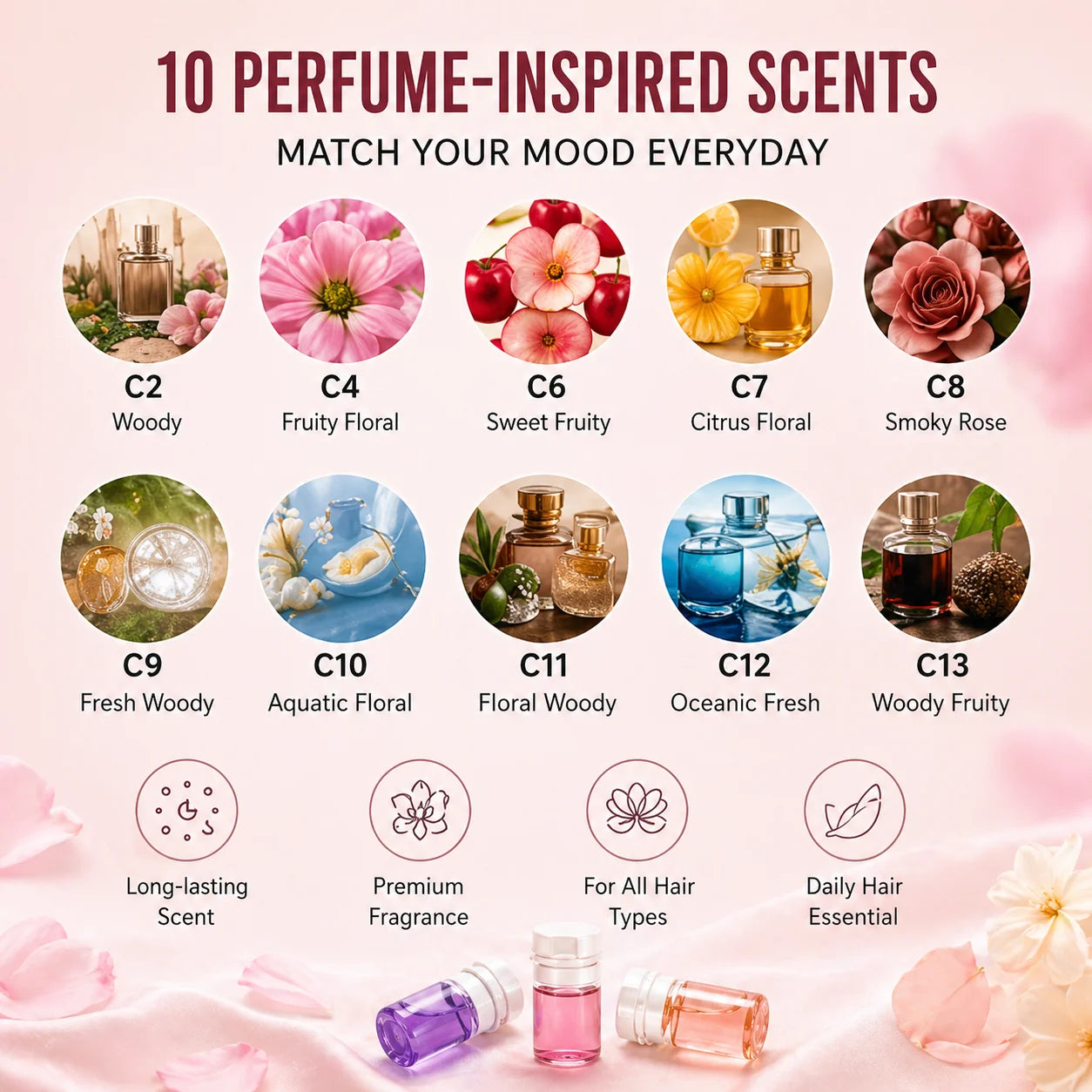 Hair Perfume Oil,40 Mini Bottles Capsules with 10 Scents,2-in-1 Leave-In Hair Serum,for Frizzy,Dry & Damaged Hair Long-Lasting